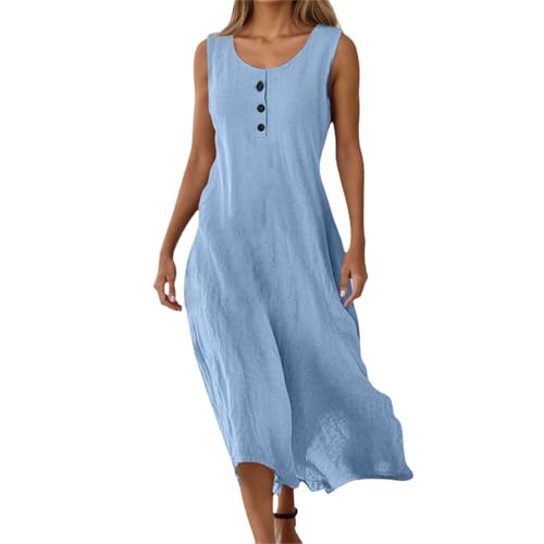 Leinenkleider Damen Sommer, Sommerkleid Damen Lang,Leinen Kleid mit V-Ausschnitt Ärmellose Midikleid Einfarbig Locker Leinenkleid Strandkleid Leicht Luftig Sommerkleider Freizeitkleid von Generic