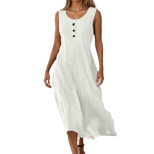 Leinenkleider Damen Sommer, Sommerkleid Damen Lang,Leinen Kleid mit V-Ausschnitt Ärmellose Midikleid Einfarbig Locker Leinenkleid Strandkleid Leicht Luftig Sommerkleider Freizeitkleid von Generic