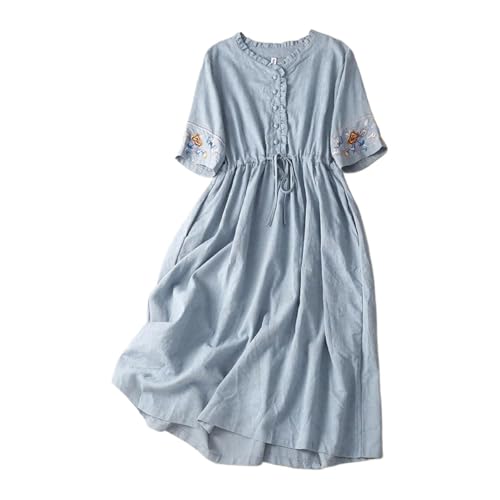 Leinenrock, Baumwolle, lang, lässig, für Damen, lockere Passform, Retro-Kleid, kurzärmlig, Sommer, Landhausstil, Vintage, einfarbig, schick und elegant, blau, X-Large Leinenrock, Baumwolle, lang, lässig, für Damen, lockere Passform, Retro-Kleid, kurzärmlig, Sommer, Landhausstil, Vintage, einfarbig, schick und elegant, blau, X-Large von Generic