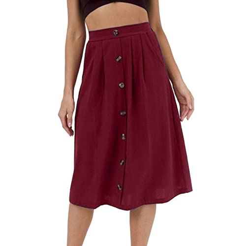 Leinenrock Damen Lang,Midirock Damen A Linie,Röcke Midi Damen Herbst Vintage Faltenrock Hoher Taille Baumwolle Leinen Rock Swing Maxirock Elastischer Bund Freizeitrock Damenrock mit Kordelzug von Generic