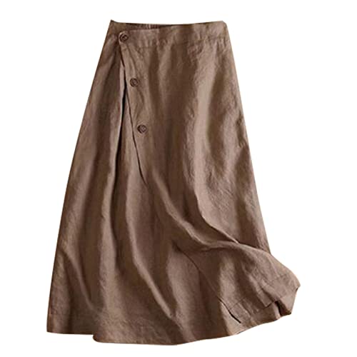 Leinenrock Damen Lang,Midirock Damen A Linie,Röcke Midi Damen Herbst Vintage Faltenrock Hoher Taille Baumwolle Leinen Rock Swing Maxirock Elastischer Bund Freizeitrock Damenrock mit Kordelzug von Generic