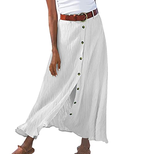 Leinenrock Damen Lang A-Linie Rock Hohe Taille Weicher Dehnbarer Maxirock Langer Luftiger Sommerrock mit Knopf Frauen Freizeitrock Mode Boho Strandrock von Generic