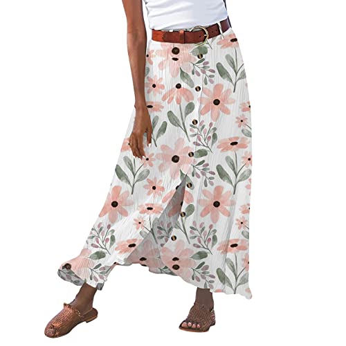 Leinenrock Damen Lang A-Linie Rock Hohe Taille Weicher Dehnbarer Maxirock Langer Luftiger Sommerrock mit Knopf Frauen Freizeitrock Mode Boho Strandrock von Generic