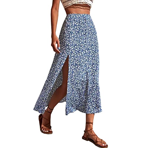 Leinenrock Damen Lang Sommer Maxirock A-Linie Knielang Rock Strandrock Geblümtes Sommerrock Faltenrock Röcke mit Schlitz Lässiges Skirts High Waist Röcke für Frauen A L von Generic