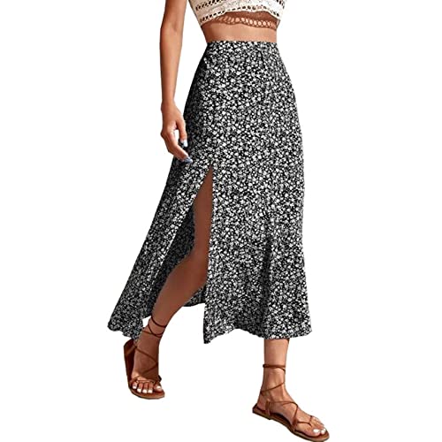 Leinenrock Damen Lang Sommer Maxirock A-Linie Knielang Rock Strandrock Geblümtes Sommerrock Faltenrock Röcke mit Schlitz Lässiges Skirts High Waist Röcke für Frauen Schwarz M von Generic