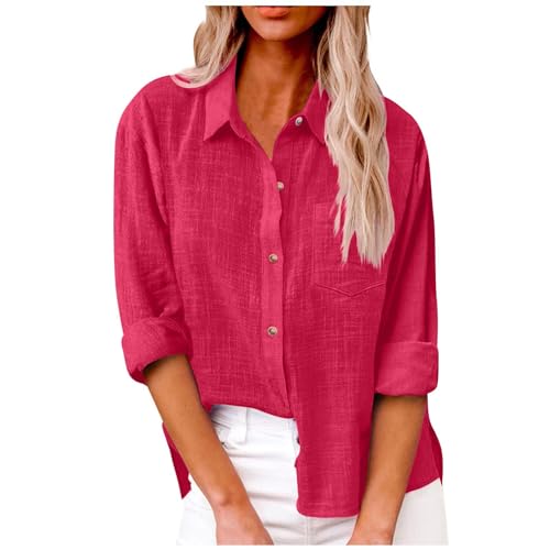 Leinenshirt Damen Lang, Leinen Button Down Hemd 2024 Lässig Langärmelig Unifarben Gemustert Tasche Locker Workwear Tops, Rot, XL von Generic