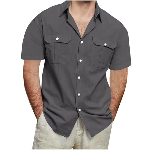 Leinenshirt Herren Hemd Kurzarm Sommer Einfarbige Lässig Bluse, Casual Tshirt Mit 2 Brusttasche Hemdbluse Button Down Freizeithemd, Shirts Leicht Hemdshirt Sommershirt Outdoor Oberteile von Generic