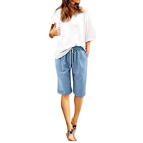 Leinenshorts Damen Boho Knielang mit Tunnelzug Kurze Hose Leinen Bermuda Shorts Sommershorts High Waist Sommer Lose Radlerhose Große Größen Damen-Shorts Sport Biker Strand Yoga Shorts Leinenhose von Generic