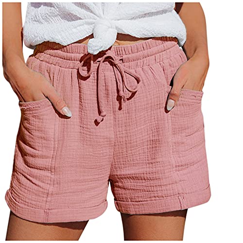 Leinenshorts Damen Kurze Hose Leinen Bermuda Shorts Sommershorts High Waist Locker Radlerhose Große Größen Damen-Shorts Sport Biker Strand Yoga Leinenhose mit Taschen und Tunnelzug, Rosa von Generic