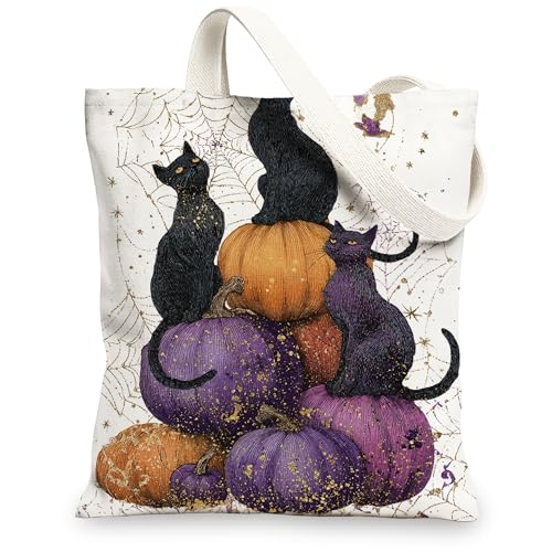 Leinentasche, Motiv: Halloween-Katze, gruseliges Katzen-Design, wiederverwendbar, leicht, waschbar, Schultergurt, Leinentaschen für Fitnessstudio, Outdoor, Reisen, Strand, Picknick, 33 x 38 cm von Generic