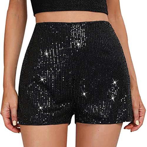 Leopard Hotpants Pailletten Mini Shorts Damen Skinny Kurz Hose Rave Hose Mit Pailletten Perlen Hohe Taille Shorts Festivals Outfits Booty Hot Pants Sparkly Tanz Short Party Clubwear (X2-Black, L) von Generic