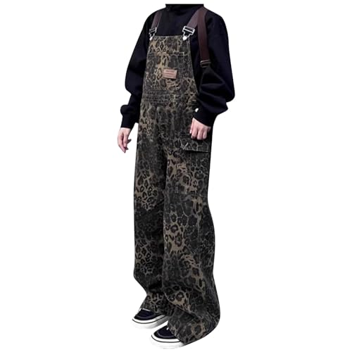 Leopard Jeans Overalls Latzhose Damen Baggy Lässige Stretch Hosen Jumpsuit Denim Y2K Die Overalls Mit Leopardenmuster Leopard Jeans Latzhose Damen Y2K Jeans Baggy Jeans von Generic