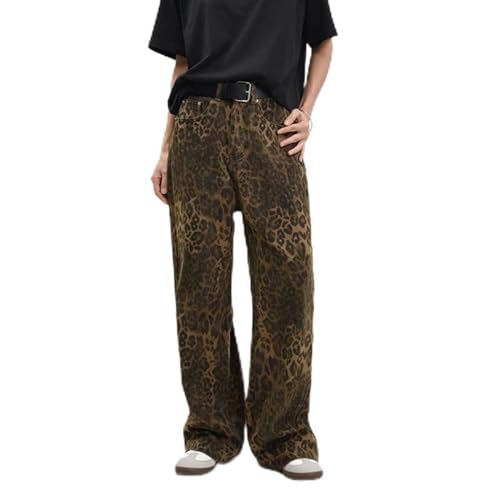 Leopard Pants Leopardenhose, Hellbraune Leoparden Damen Jeans mit Weitem Bein Barrel Taille Mittlere Taille Jeanshose Y2k Baggy Boyfriend Jeans mit Taschen Streetwear Leopardenmuster-Hose Für Frauen von Generic