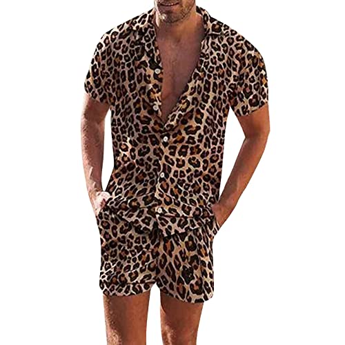 Leopard Print Gedruckt Set Atmungsaktive Quick Dry Jogginganzug Herren Slim Fit Hawaii Hemd Männer Kurzarm Kurze Hosen Mit Tunnelzug Strandshorts Shirt&Shorts Sets Anzug von Generic