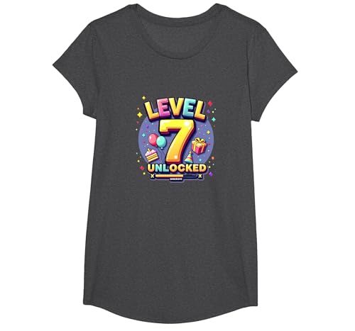 Level 7 Freigeschaltete Gamer Geburtstag Erfolgsfeier T-Shirt, Girls, Anthrazit Meliert, S von Generic