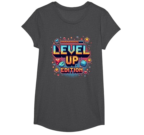 Level Up Edition: Gamer Achievement Celebration T-Shirt, Girls, Anthrazit Meliert, L von Generic