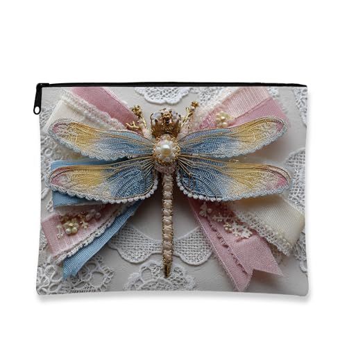 Libellen-Kosmetiktasche, elegantes Spitzen-Design, Make-up-Tasche für Damen, stilvolle kleine Reißverschlusstasche, Reise-Kulturbeutel, perfekt für Festivals und Frühlingsgeschenke, Blau, 7x9 Inch von Generic