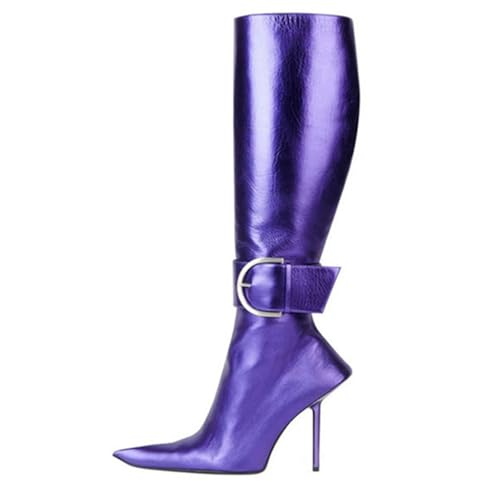 Lila,39 EU,Kniehohe Stiefel für Damen, Stiletto-Absatz, Spitze Zehenpartie, Lange Stiefel mit Metallschnalle, modische Abendschuhe mit seitlichem Reißverschluss Lila,39 EU,Kniehohe Stiefel für Damen, Stiletto-Absatz, Spitze Zehenpartie, Lange Stiefel mit Metallschnalle, modische Abendschuhe mit seitlichem Reißverschluss von Generic