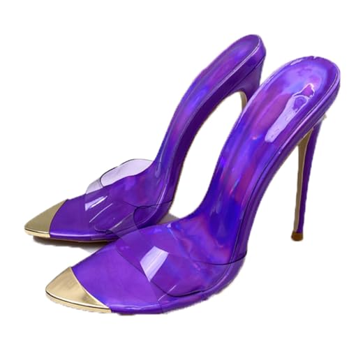 Lila,45 EU,Damen Stiletto High Heels Peep Pointed Toe Sandalen Slingback Slip-on Basic Hausschuhe Pantoletten PVC transparent Hochzeitsfeier Abendschuhe von Generic