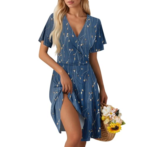 Linen Dress Damen Kleid Kurzarm V-Ausschnitt Sommerkleid Knielang Elegante Strandkleid Boho Blumenkleid Rüschen Saum Wickelkleid Strandkleid A Linie Partykleid D Royal Blue M von Generic