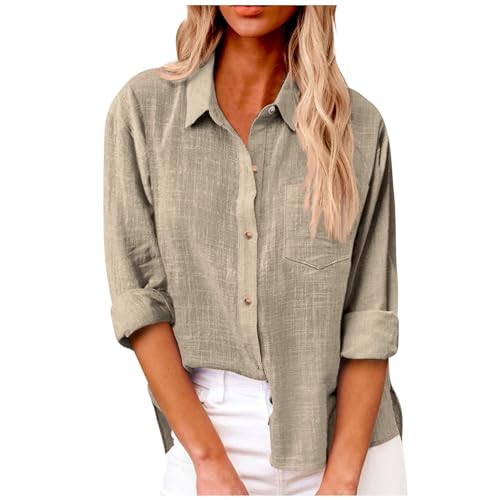Linen Shirt Women,Langarm Blusen Damen,Leinen Damenhemd Sommer Langarm Revers Button Down Hemd Leichte Gaze lose lässige Mode Shirt Kleidung,Beige,3XL von Generic