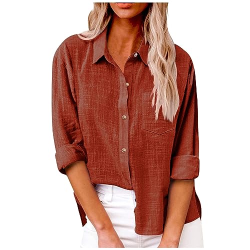 Linen Shirt Women,Langarmblusen FüR Damen,Leinen Damenhemd Sommer Langarm Revers Button Down Hemd Leichte Gaze lose lässige Mode Shirt Kleidung,Rot,S von Generic