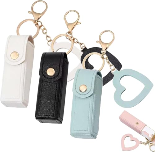 Lip Oil Keychain - Mirror & Oil 2-in-1, Lipstick Holder Keychain with Mirror, PU Leather Potable Lip Gloss Holder for Car/Travel Storage (3pcs E) von Generic