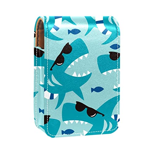 Lipgloss Halter Lippenstift Etui Tragbare Mini Lippenstift Aufbewahrungsbox Reise Lippenstift Organizer Etui mit Spiegel für Frauen Cool Blue Shark mit schwarzer Sonnenbrille, Mehrfarbig, 9.5x2x7 cm/3.7x0.8x2.7 in von Generic