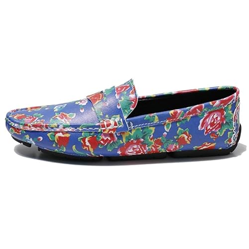 Loafer for Herren, quadratische Zehenpartie, veganes Leder, Blumenmuster, zweifarbige Penny-Loafer, leichte, Bequeme, Flexible, modische Slip-Ons (Color : Blau, Size : 46 EU) von Generic