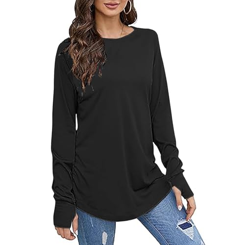 Lockere Langarmshirt Damen Lang Oberteile Winter Essentials Pullover Leichte Bequemer Tops Einfarbig Rundhals Bluse Große Größen Shirt Oversize Pulli Langarm Tshirt Tunika Longbluse für Frauen von Generic