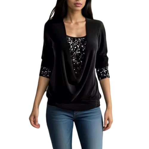 Lockeres Plissee-Top mit Pailletten, Fake-Zweiteiler für Damen, drapiertes, lockeres Plissee-Top mit Pailletten, Fake-Zweiteiler für Damen (Black,4XL) von Generic