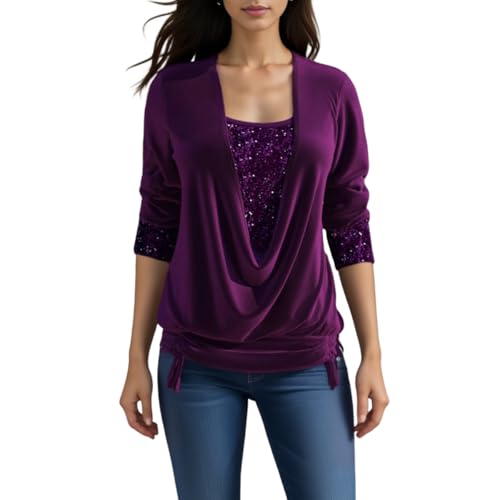 Lockeres Plissee-Top mit Pailletten, Fake-Zweiteiler für Damen, drapiertes, lockeres Plissee-Top mit Pailletten, Fake-Zweiteiler für Damen (Purple,M) von Generic