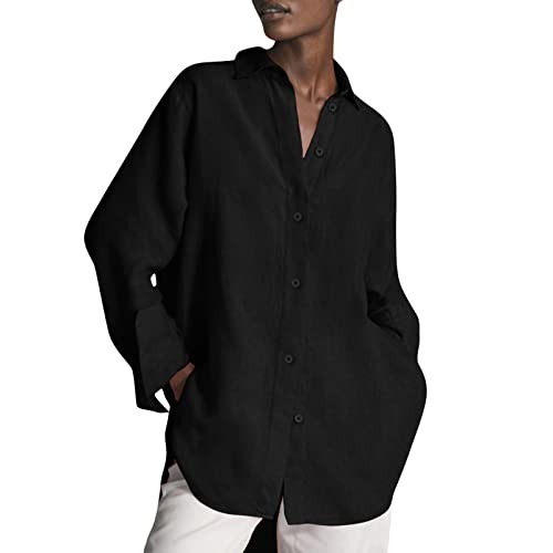 Long Bluse Damen Lang, Hemd Oversize Hemdbluse V-Ausschnitt Revers Blusen Große Größen Hemden Lose Freizeithemd Einfarbig Langarmshirt Longsleeve Blusentops Elegant Blusenshirt Herbst Kleidung von Generic