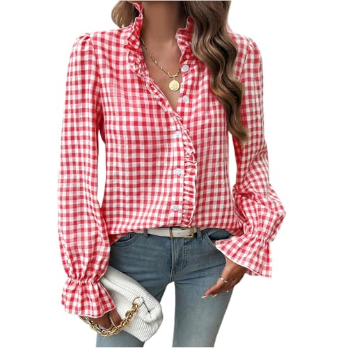 Longbluse Damen Bluse Damen Langarm Gestreifte Button Down Hemd Oberteile Tops Baumwolle Karobluse Elegante Hemdbluse Blusenshirt Casual Büro Basic Shirt M Red von Generic