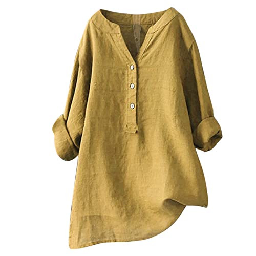 Longbluse Damen Sommer, Übergröße Button-Down Bluse, Musselin Leinenbluse Atmungsaktive Oberteile, Gelb, 5XL von Generic