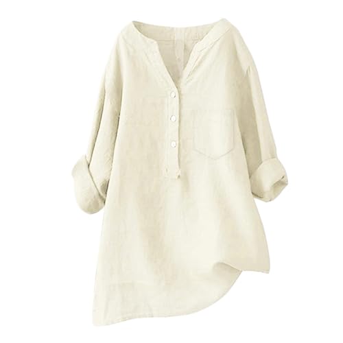 Longbluse Damen Sommer Button-Down Shirts Übergröße Musselin Bluse Casual Leinenbluse Atmungsaktive Tunika Tops,Beige,5XL von Generic