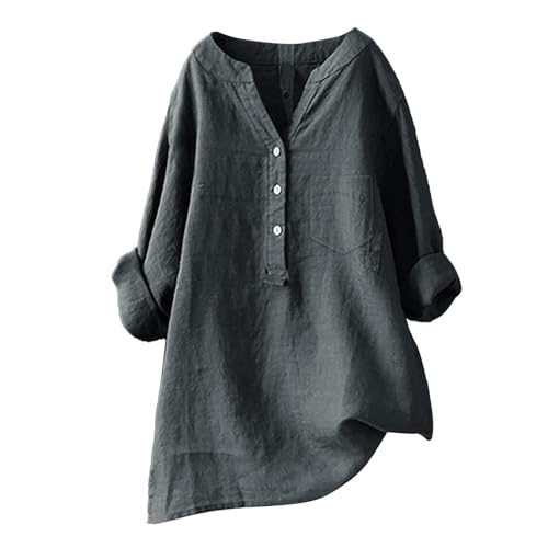 Longbluse Damen Sommer Button-Down Shirts Übergröße Musselin Bluse Casual Leinenbluse Atmungsaktive Tunika Tops,Grau,5XL von Generic