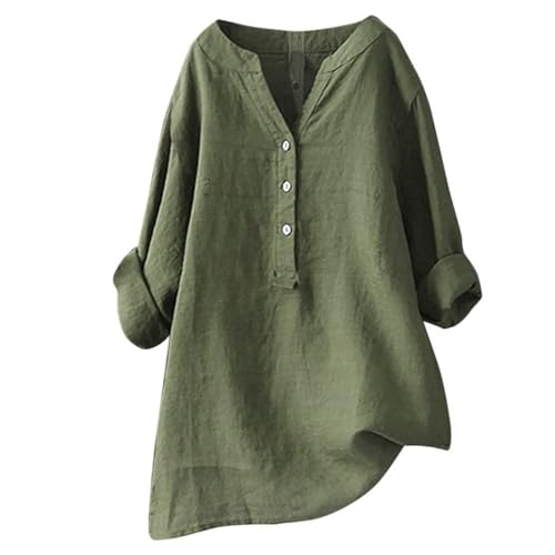 Longbluse Damen Sommer Button-Down Shirts Übergröße Musselin Bluse Casual Leinenbluse Atmungsaktive Tunika Tops,Grün,L von Generic