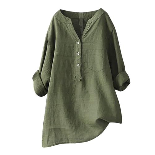 Longbluse Damen Sommer Button-Down Shirts Übergröße Musselin Bluse Casual Leinenbluse Atmungsaktive Tunika Tops,Grün,L von Generic