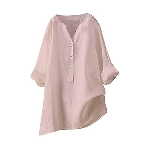 Longbluse Damen Sommer Button-Down Shirts Übergröße Musselin Bluse Casual Leinenbluse Atmungsaktive Tunika Tops,Pink,5XL von Generic