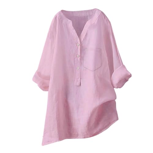 Longbluse Damen Sommer Button-Down Shirts Übergröße Musselin Bluse Casual Leinenbluse Atmungsaktive Tunika Tops,Pink,L von Generic