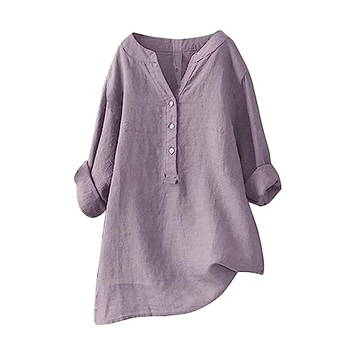 Longbluse Damen Sommer Button-Down Shirts Übergröße Musselin Bluse Casual Leinenbluse Atmungsaktive Tunika Tops,Violett,5XL von Generic