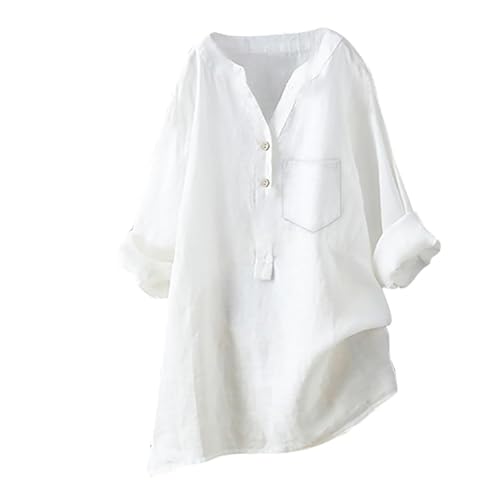 Longbluse Damen Sommer Button-Down Shirts Übergröße Musselin Bluse Casual Leinenbluse Atmungsaktive Tunika Tops,Weiß,L von Generic
