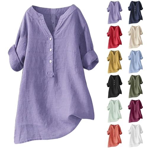 Longbluse Damen Sommer - Leinenbluse Button-Down Bluse V-Ausschnitt Blusenshirt Übergröße Musselin-Blusen Oversized Locker Oberteile Basic Langarmshirt Elegant Tunika-Shirt Atmungsaktive Tops von Generic