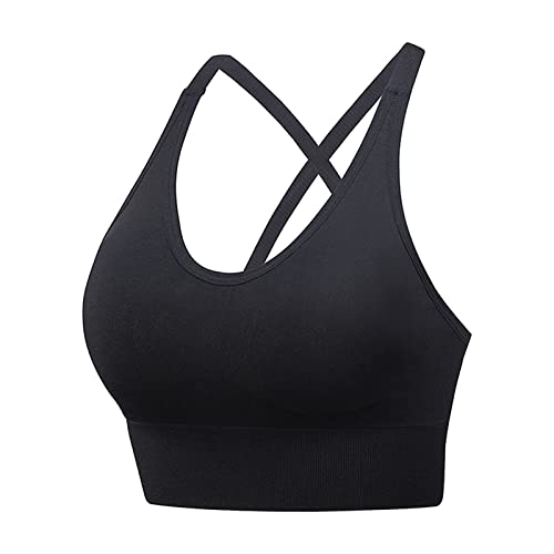 Longline Sport-BHs für Damen, Stretch, Criss Cross Back BH, abnehmbar, gepolstert, Bralette, nahtlos, Yoga, Fitness, bauchfreies Tanktop, Spitzen-Bralettes für Frauen, Schwarz , M von Generic