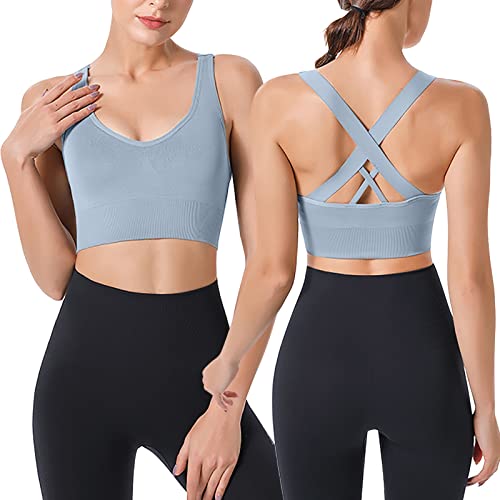 Longline Sport-BHs für Damen, Stretch, Criss Cross Back BH, abnehmbar, gepolstert, Bralette, nahtlos, Yoga, Fitness, bauchfreies Tanktop, Spitzen-Bralettes für Frauen, Z0428a-blau, 38 von Generic