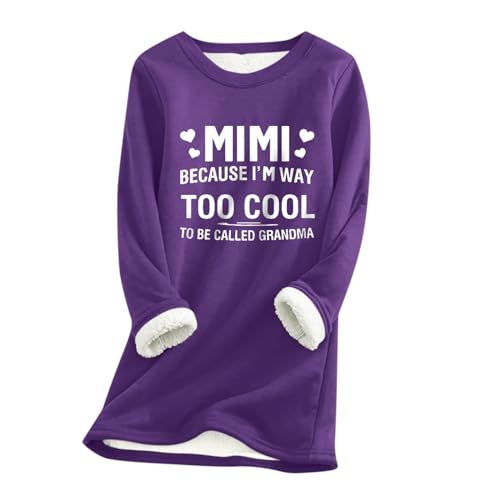 Longpullover Damen,Elegantes Oberteil Damen,Frauen Winter Nette Buchstabe Drucke Pullover Langarm Fleece Gefüttert Tops Plüsch Pullover Rundhals Warme Fleece Sweatshirts,Violett,3XL von Generic