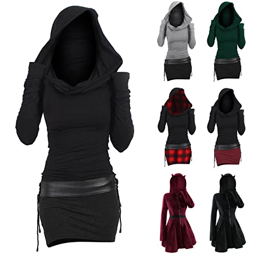 Longpullover Damen Lange Sweaterkleid mit Kapuze Bodycon Gothic Kapuzenpullover Herbstkleid Sexy Enges Langarm Pullover Kleid Slim Fit Pulloverkleid Lange Sweaterkleid Mini Winterkleid von Generic