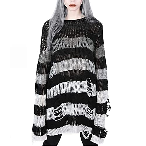 Longpullover Strick Pulli Gothic Halloween Lange Strickpullover, Langarm Rundhals Strickshirt Gestreifter Zerrissene Pulloverkleid, Oversize Damenpullover Strickpulli Oberteile (1-Black, One Size) von Generic