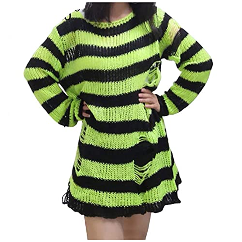 Longpullover Strick Pulli Gothic Halloween Lange Strickpullover, Langarm Rundhals Strickshirt Gestreifter Zerrissene Pulloverkleid, Oversize Damenpullover Strickpulli Oberteile Tops (Green, One Size) von Generic